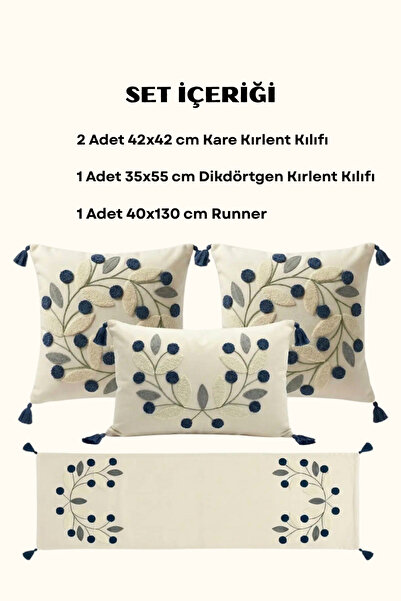 Valmia Home 4'lü Dekoratif Punch Nakışlı Püsküllü Kırlent Kılıfı ve Runner Se...