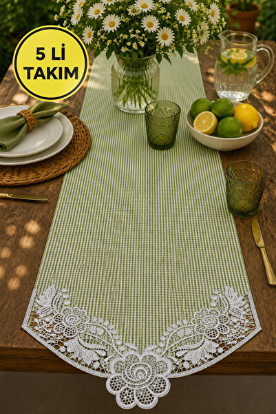 Lurji 5 Parça Yeşil Pötikare Runner ve Kahve Sunumluk Seti – Dantel İşlemeli ...