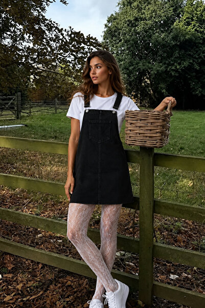 Denvy Denim Kadın Siyah Cep Detaylı Mini Denim Salopet Elbise