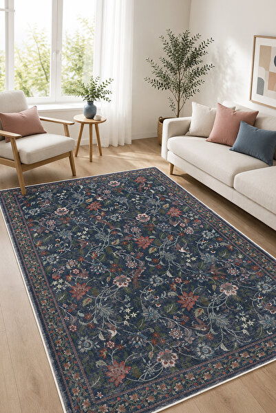 Toronto Home Dijital Kaymaz Yıkanabilir Vintage Renkli Çiçekli Salon Halısı M...