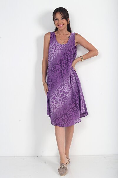 By Saygı Women's Italian Cotton Collar Elastic Lined Leopard Zero Sleeve Midi...