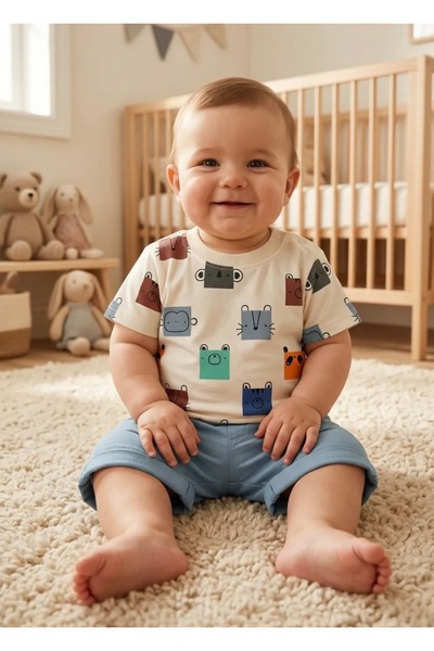 AKİ MODA KİDS Cute Animal Patterned Baby Boy 2-Piece Summer Set