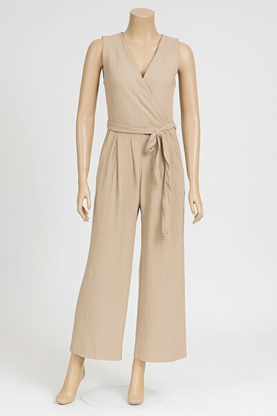 PONÇİK Women's crepe jumpsuit, tank top and flared long pants, cream