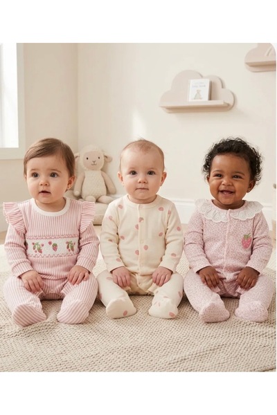 AKİ MODA KİDS Kız Bebek Pastel Çilekli Desenli 3’lü Tulum Takımı