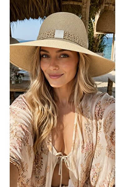 FELLMENS Beige Wide Round Straw Women's Hat with Accessory Detail