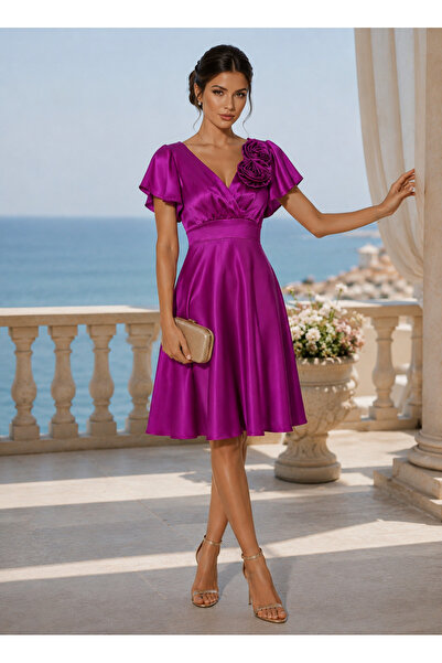 Divin store Rochie elegantă din satin fucsia cu trandafiri detașabili 3D