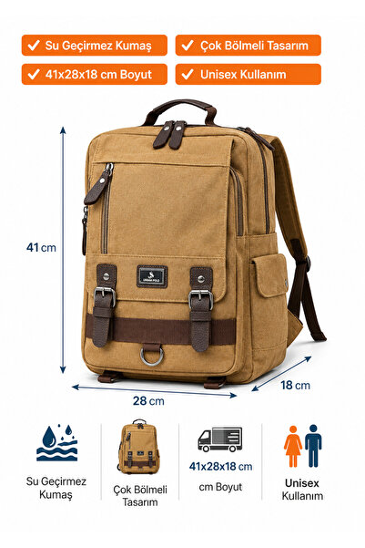 meb Camel Renk Kanvas Sırt Çantası Unisex Büyük Boy Su Geçirmez Çok Gözlü Oku...