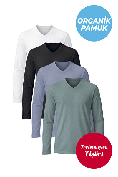 UNIQVIBE Set of 4 Organic Cotton V-Neck Long Sleeve T-Shirts |   White, Black...