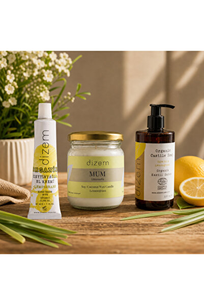 Kendini Şımart Deneyim Seti - Zeytinyağlı El Kremi (Limonotu) & Organik Kastil Sıvı Sabun (Limonotu) & Doğal Soya/Hindistancevizi Mum (Limonotu)