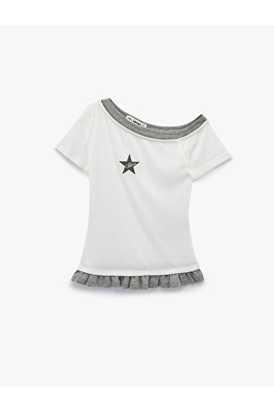Koton Asimetrik Kayık Yaka Baskılı Slim Fit Kısa Kollu Fırfırlı İkili Tişört