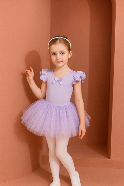 SOLLUXE Costum de balet, gimnastică sau dans pentru fete: set body din bumbac și fustă tutu mov cu aplicații strălucitoare