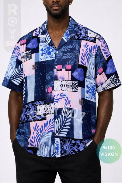 ROY501 Men's Short Sleeve Shirt Patterned Short Sleeve Shirt Summer Shirt Men's Oversize Lilac Purple Shirt