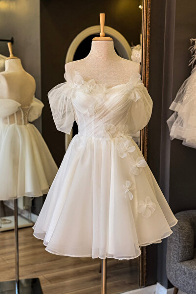 Lenta Moda Beyaz Drapeli Çiçekli Karolin Etek Mini Parti Elbisesi