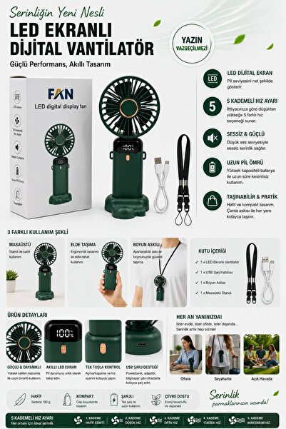 FANE Dijital LED Ekranlı Taşınabilir Vantilatör - 5 Kademeli Hızlı Soğutma, M...