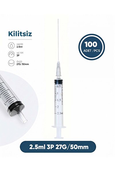 02,5 ml. , 3 Parçalı , 27G (0.41mm.), 50mm, Gri İğneli Dental Şırınga, LUER-SLIP Kilitsiz Dental Enj