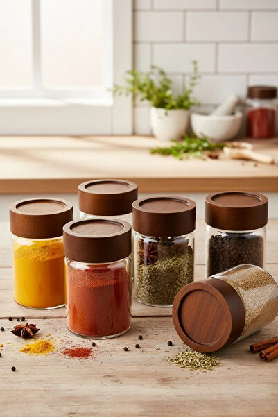 Bereketli Store Strokka Acacia Lid 6-Piece Glass Spice Jar Set 240ml