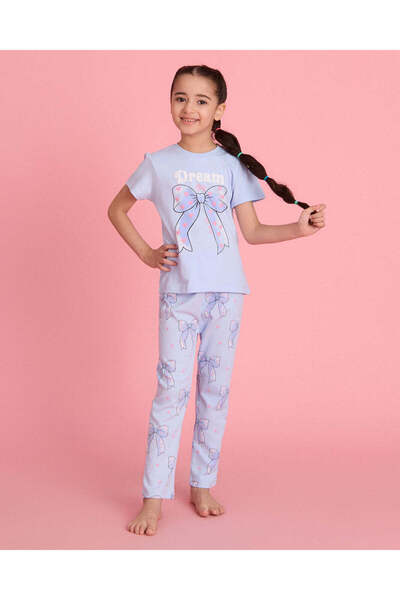 REDTAG Girls Blue Bow Print Pyjama Set