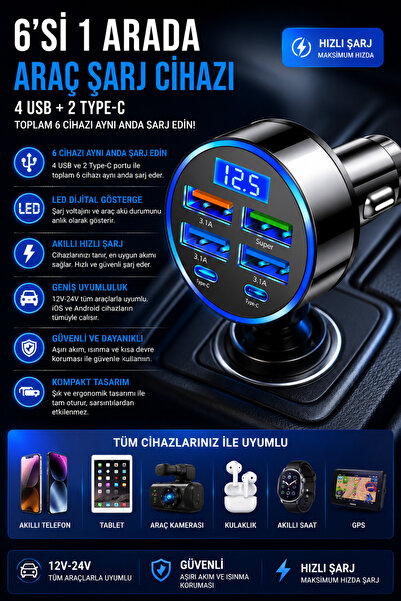 SARFEX Hızlı Araç Çakmaklık Şarj Cihazı 6 Portlu 4 USB + 2 Type-C Çıkışlı Dij...