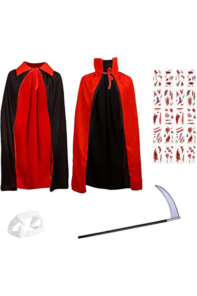 FiveMileBro Costum vampir copii, Pelerina reversibila negru rosu 120 cm, Set ...