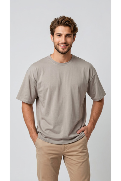 BADESSA Erkek Bej Oversize Bisiklet Yaka Rahat Kalıp Relaxed T-shirt