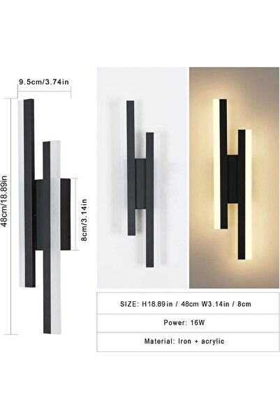 FUNITO Wall Light LED Indoor, 16W 1800LM Wall Lamp Modern, Warm White 3000K, Black Long Wall Sconce Acrylic for Bedroom, Living Room, Corridor, Hallway