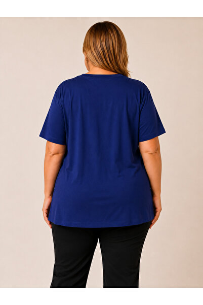 RMG Floral Patterned Stone Printed Large Size Navy Blue T-Shirt