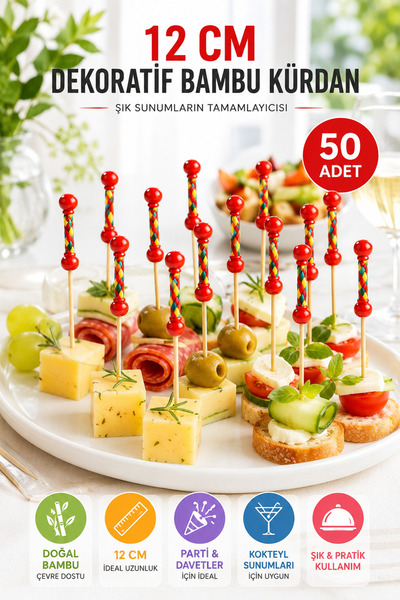 OpenCity 50 Adet Dekoratif Kırmızı Örgülü Bambu Kürdan 12 cm Kokteyl Parti Ka...