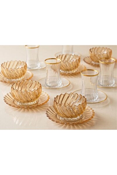 ASSA BAZAAR Luxury Gold Detailed Glass Tea Presentation and Serving Set Dowry Gift Set 24 Pieces