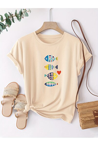trendypassion Μπλουζάκι Unisex με πολύχρωμο σχέδιο ψαριών σε μπεζ χρώμα
