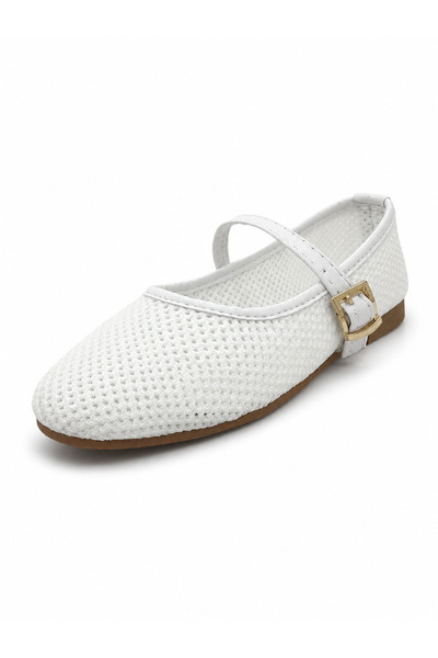 ZARICH Viola White Knitted Textured Elastic Belt Detailed Gold Buckle Flat Sole Summer Comfortable Women's Ballerinas