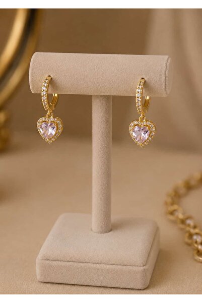 YİĞİTKARANAKSESUAR Steel Zircon Stone Gold Color Heart Model Women's Earrings