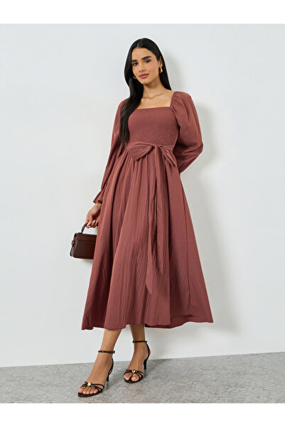 Take Two By Styli Burgundy Square Neck Smock Maxi Dress