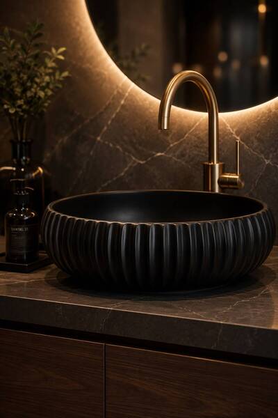 LENA E-4161S Tezgah Üstü Siyah Lavabo Yuvarlak Çizgili Siyah Porselen Lavabo