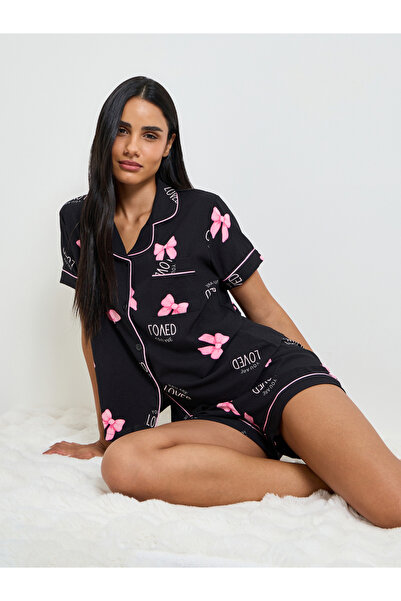 Take Two By Styli Black Bow Print Buttoned Shirt and Shorts Set