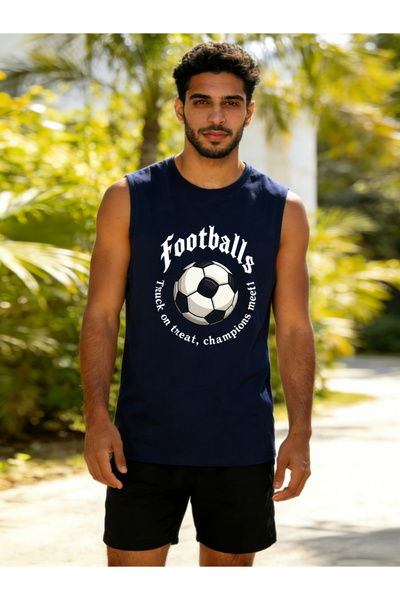 Take Two By Styli Men Dark Blue Graphic Print Round Neck Tank and Shorts Co-Ords