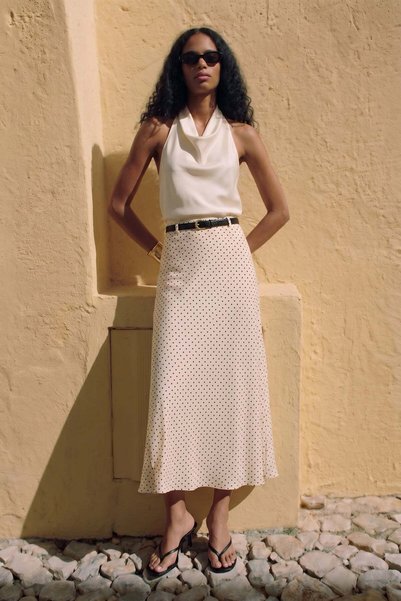 Sateen Polka Dot Long Skirt - Beige