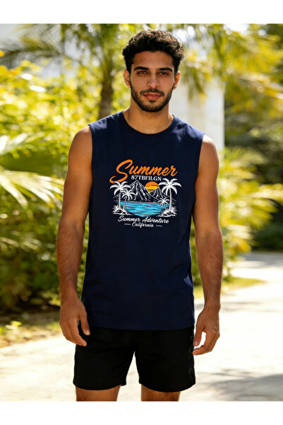 Take Two By Styli Men Dark Blue Graphic Print Round Neck Tank and Shorts Co-Ords