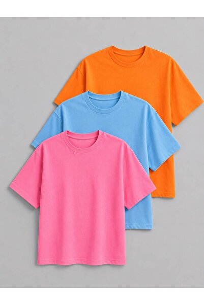 trendgar Turuncu Mavi Pembe 3'lu oversize unisex tişört