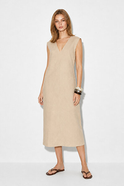 VENA V-Neck Midi Dress-Stone