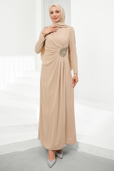 İmajButik Beige Draped Crepe Evening Dress with Stone Waistband