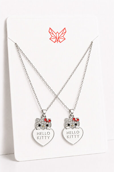 MakeWell Hello Kitty Kalpli Kolye Seti 2'li – Zirkon Taşlı Kalp Kolye, Arkada...