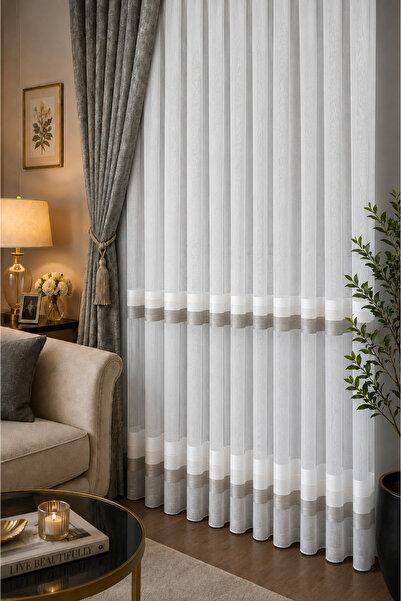 Taç Stylish Design Bamboo Floor-Color Cream Beige Mink Striped Tightly Pleate...