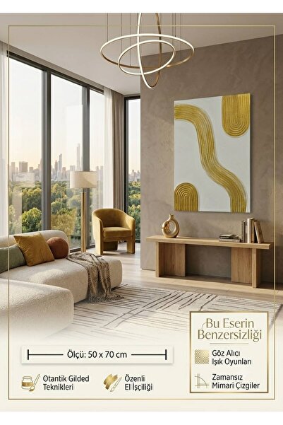 Alçı Kabartma Akrilik Boyalı Altın Dalga Minimalist Tuval Tablo