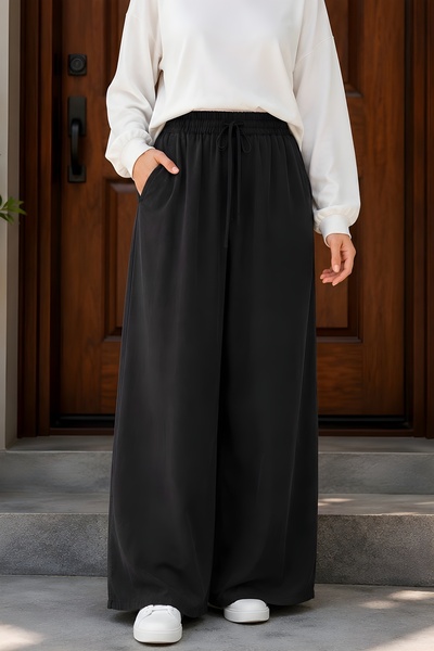 İmajButik Siyah Çift Cepli Bel Lastikli Tencel Pantolon