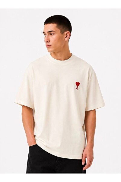 HZR wear Men's Heart Detailed Back Printed Oversize Thick Soft Fabric T-Shirt