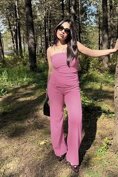 Siner Fashion Women's Pink Strapless Blouse Pants Soft Cotton Set