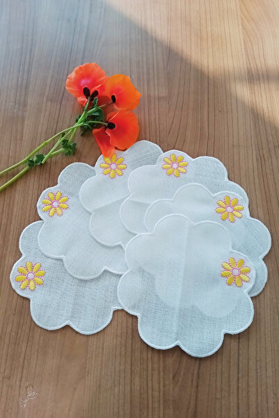 BaksLiving 6 Adet Çiçek Nakış İşlemeli Keten Kahve Yanı Kokteyl Peçete, Sunum...