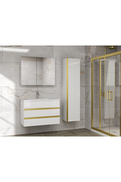 Alfa Banyo Elit MDF Beyaz-Gold 80+35 Cm %100 Mdf Seramik Lavabolu Banyo Dolab...