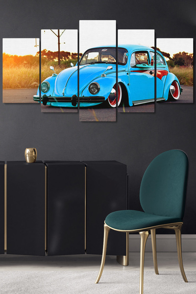 Dekorvia 5 Parçalı Kanvas Tablo Mavi Vosvos Klasik Araba Manzaralı Retro Gün ...