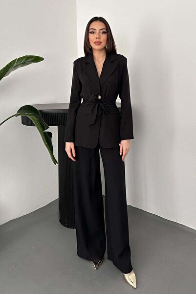 Caddebostan Moda Waist-Tied Jacket and Wide-Leg Pants Two-Piece Set